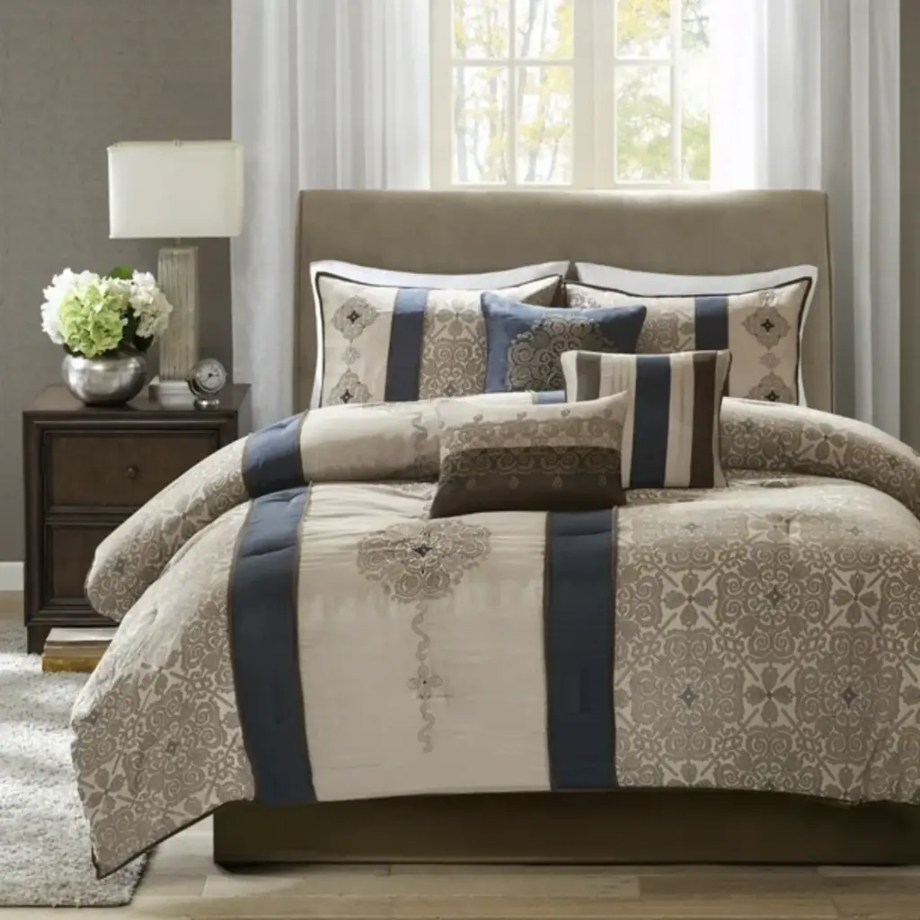 Juego De Edredón De Jacquard Home Essence Mp10-4345 Perry, 7 Piezas, 264 Cm De Ancho X 233 Cm De Largo, Tamaño King (Azul Marino) | 675716929657 TRG175472414