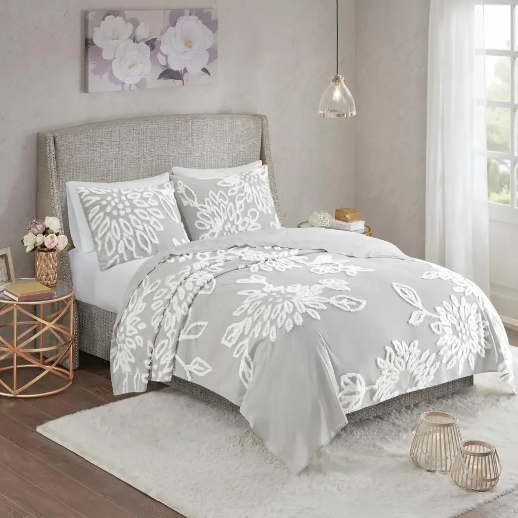 Juego De Edredón Madison Park Pansy De 3 Piezas Con Diseño Floral, Gris, Tamaño King-California King | 86569223678 TRG179330497