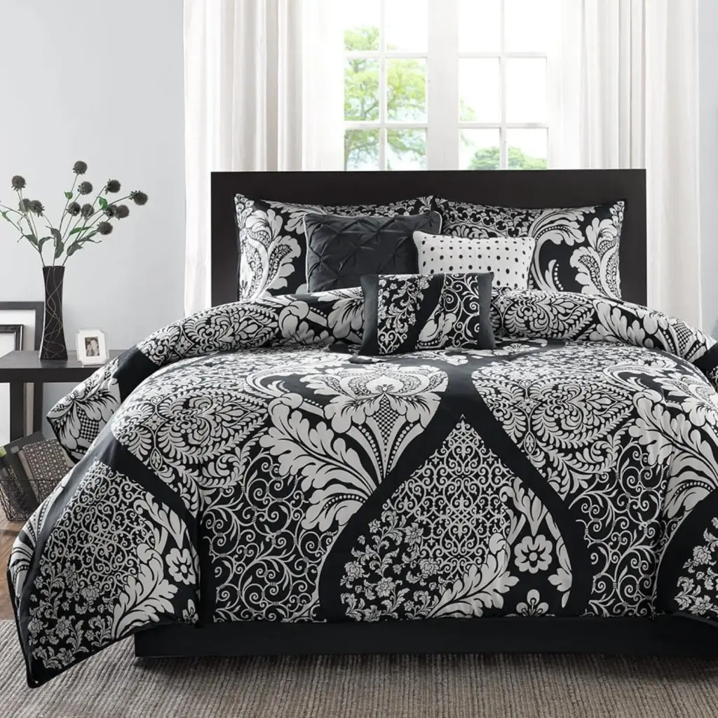 Madison Park Mp10-7953 Juego De Edredón Vienna De Satén De Algodón, Transpirable, Funda Suave, Moderno, Para Todas Las Estaciones, Suave Y Acogedor, Con Fundas A Juego, Tamaño Queen, Negro, 7 Piezas | 22164184877 TRG180292772