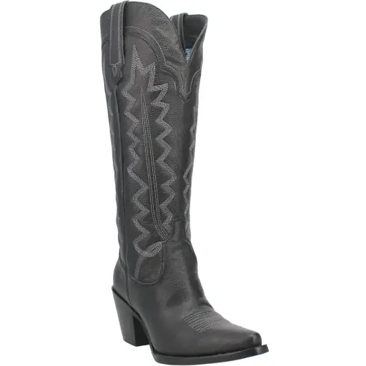 [Dingo Women's High Cotton Leather Stacked Heel Cowboy Boots - Black 9 1/2 Medium] Botas Vaqueras Dingo De Tacón Alto Apilado De Cuero Y Algodón Para Mujer - Negro, Talla 9 1/2 Mediana | 887520312185 TRG188361915