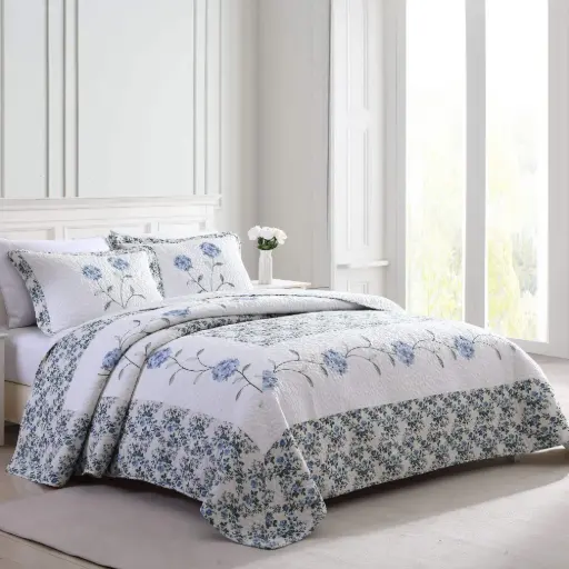 [Beatrice Home Fashions Carnation Embroidered Bedspread Blue - Twin] Colcha Bordada Con Claveles De Beatrice Home Fashions, Color Azul - Individual | 48986801525 TRG180113272