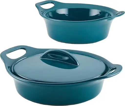[Rachael Ray Ceramic 3-Pc. Casserole Bakers With Shared Lid Set - DARK GRAY ONE SIZE] Juego De 3 Cacerolas De Cerámica Rachael Ray Con Tapa Compartida -verde azulado  | 51153484247 TRG185541885