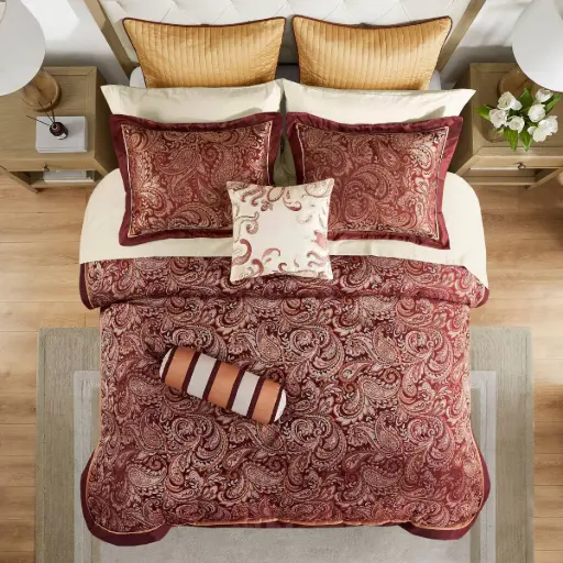 [Madison Park Churchill 12-Pc. Complete Bedding Set With Sheets - Burgundy] Juego De Cama Completo Madison Park Churchill De 12 Piezas Con Sábanas - Borgoña | 675716412197 675716412197