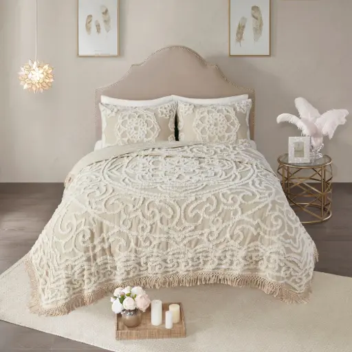 [Madison Park Virginia Tufted Cotton Chenille Medallion Fringe Coverlet Set Beige - Full-Queen] Juego De Colcha De Algodón Y Chenilla Con Medallones Y Flecos En Beige De Madison Park Virginia - Full-Queen | 86569336972 86569336972