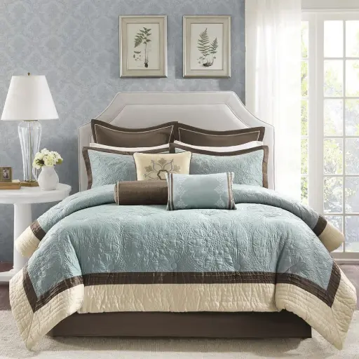 [Madison Park Melanie Embroidered 9-pc. Comforter Set Blue - King] Juego De Edredón Bordado Madison Park Melanie De 9 Piezas, Azul, Tamaño King | 675716468804 TRG180390650