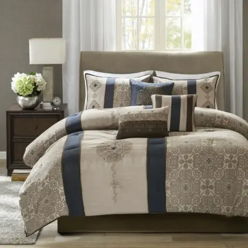 [Home Essence MP10-4345 Perry 104"W x 92"L 7 Piece Jacquard Comforter Bedding Set, King Size (Navy)] Juego De Edredón De Jacquard Home Essence Mp10-4345 Perry, 7 Piezas, 264 Cm De Ancho X 233 Cm De Largo, Tamaño King (Azul Marino) | 675716929657 TRG175472414
