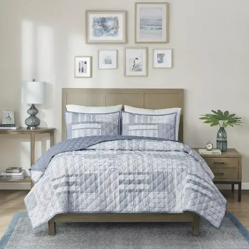 [Madison Park Arden Patchwork 3-Pc. Hypoallergenic Quilt Set - Blue] Juego De Edredón De Patchwork Madison Park Arden De 3 Piezas, Hipoalergénico, Azul | 22164238273 TRG180292564