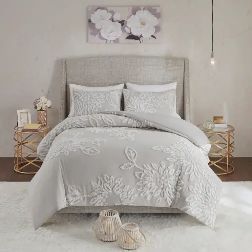 [Madison Park Pansy 3-Pc. Duvet Cover Set - GRAY WHITE ONE SIZE] Juego De Edredon Madison Park Pansy De 3 Piezas - Gris Y Blanco | 86569223654 86569223654