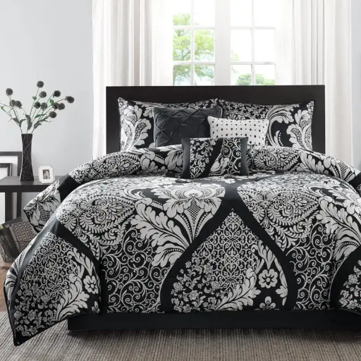[Madison Park MP10-7953 Vienna Sateen Cotton Comforter Set, Breathable, Soft Cover, Trendy, All Season Down Alternative Cozy Bedding with Matching Shams, Queen, Black 7 Piece] Madison Park Mp10-7953 Juego De Edredón Vienna De Satén De Algodón, Transpirable, Funda Suave, Moderno, Para Todas Las Estaciones, Suave Y Acogedor, Con Fundas A Juego, Tamaño Queen, Negro, 7 Piezas | 22164184877 TRG180292772