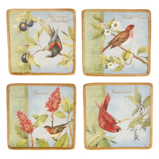 [Certified International Botanical Birds Canape Plate, Assorted Designs, 8-1/4-Inch, Set of 4] Plato Para Canapés Con Aves Botánicas Internacionales Certificadas, Diseños Surtidos, 8-1/4 Pulgadas, Juego De 4 | 730384089604 TRG186150731