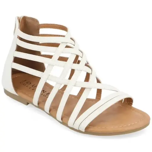 [Womens Journee Collection Hanni Flat Strappy Sandal White Faux Leather 9 W] Sandalia Plana Con Tiras Hanni De La Colección Journee Para Mujer, Piel Sintética Blanca, 9 W | TRG192805435