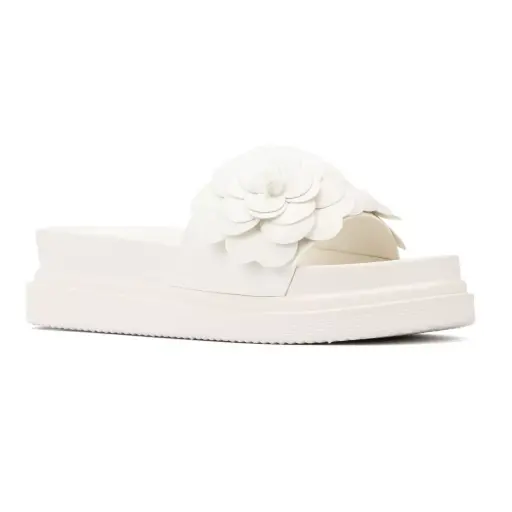 [New York & Company Womens Camilia Flower Slide Flat Sandals - WHITE 6 MEDIUM] Sandalias Planas Camilia Flower Slide De New York & Company Para Mujer - Blanco 6 Mediano | 193871549225 TRG188720537