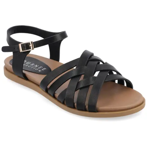 [Journee Collection Womens Kimmie Ankle Strap Flat Sandals - BLACK 8 1/2 MEDIUM] Sandalias Planas Con Tira Al Tobillo Kimmie Para Mujer De Journee Collection - Negro 8 1/2 Mediano | 52574613636 TRG187602154