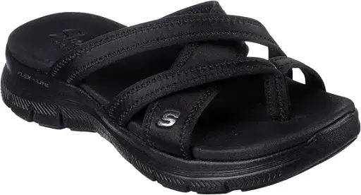 [Skechers Womens Flex Appeal 4.0 Start Up 3.0 Criss Cross Strap Flat Sandals - BLACK 9 MEDIUM] Sandalias Planas Con Tiras Cruzadas Skechers Flex Appeal 4.0 Start Up 3.0 Para Mujer - Negro 9 Mediano | 196642612401 TRG188559800