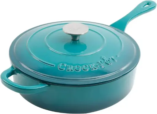 [Asstd National Brand Crock Pot Artisan Enameled 3.5 Quart Cast Iron Deep Saut Pan With Self Basting Lid - TEAL ONE SIZE] Sartén Profunda De Hierro Fundido Esmaltado Artesanal De 3.5 Cuartos De Galón, Marca Nacional, Con Tapa Autoadhesiva - Color Verde Azulado | 85081351944