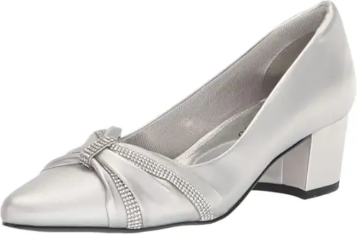 [Easy Street Womens Millie Pointed Toe Block Heel Pumps - SILVER SATIN 6 1/2 MEDIUM] Zapatos De Tacón Cuadrado Con Punta Puntiaguda Millie De Easy Street Para Mujer - Satén Plateado 6 1/2 Mediano | TRG185043381