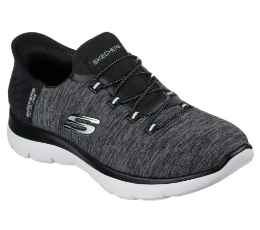 [Skechers Womens Summits Dazzling Haze Slip-On Walking Shoes Wide Width - BLACK WHITE 9 1/2 WIDE] Zapatos Para Caminar Skechers Summits Dazzling Haze Para Mujer, Sin Cordones, Ancho Ancho - Negro Blanco 9 1/2 Ancho | TRG191655192
